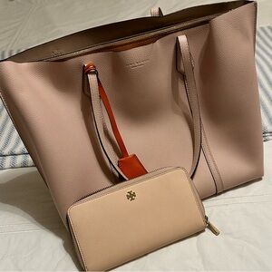 Pink Tory Burch tote and wallet